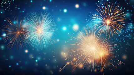 Fototapeta premium Happy New Year 2027, New Year Eve firework sparkler party celebration holiday greeting card with year - Gold fireworks, sparklers and golden bokeh lights, blue background banner, Generative AI