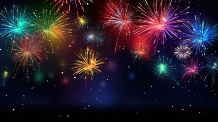 Fototapeta premium Happy New Year 2024, New Year Eve firework sparkler party celebration holiday greeting card with year - Colorful fireworks, sparklers and bokeh lights, dark night background banner, Generative AI