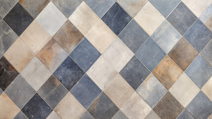 Abstract old aged worn retro vintage mosaic cement ceramic tile floor or wall texture background with sqaure diamond seamless pattern, Generative AI