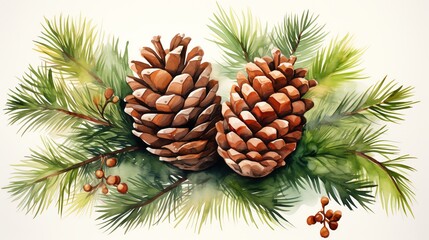 Fototapeta premium Watercolor painting of two pine cones with evergreen branches and berries.