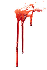 Dripping blood isolated on white background. Flowing bloody stains, splashes and drops. Trail and...