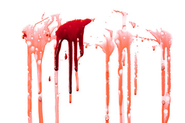 Dripping blood isolated on white background. Flowing bloody stains, splashes and drops. Trail and...