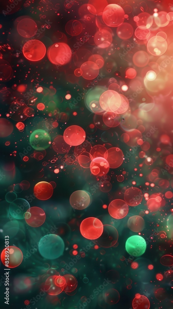 Poster this image features a vibrant abstract bokeh effect with red and green lights. the soft, out-of-focu