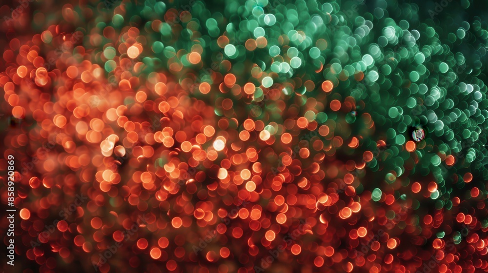 Poster A close-up photograph of red and green bokeh lights, creating an abstract background. The lights are out of focus and appear as small, bright circles.