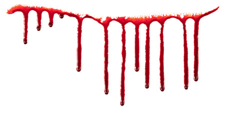 Dripping blood isolated on white background. Flowing bloody stains, splashes and drops. Trail and...