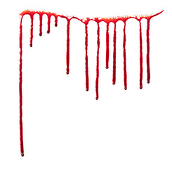 Dripping blood isolated on white background. Flowing bloody stains, splashes and drops. Trail and...