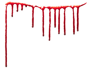 Dripping blood isolated on white background. Flowing bloody stains, splashes and drops. Trail and drips red blood close up © Илья Подопригоров