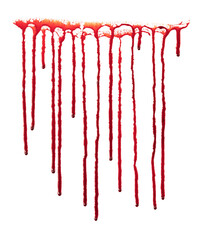 Dripping blood isolated on white background. Flowing bloody stains, splashes and drops. Trail and...