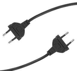 Electric European plug isolated on white background. Black power cable with plug. Power cord close-up