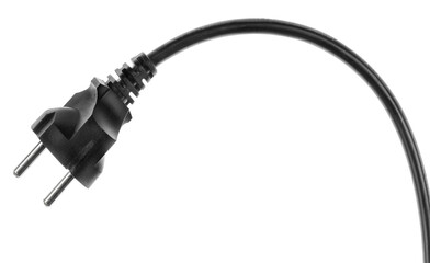 Electric European plug isolated on white background. Black power cable with plug. Power cord close-up