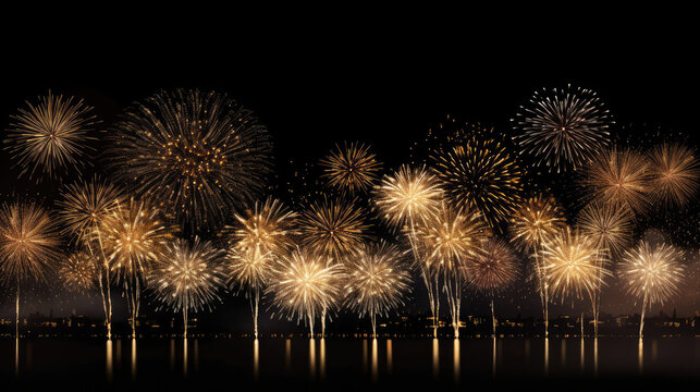 HAPPY NEW YEAR 2024 - Festive firework silvester New Year Eve Party background banner panorama wide long greeting card - Gold fireworks pyrotechnics in the dark black night, Generative AI