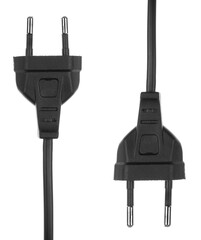 Electric European plug isolated on white background. Black power cable with plug. Power cord close-up