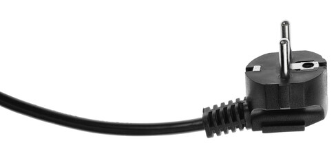 Electric European plug isolated on white background. Black power cable with plug. Power cord close-up