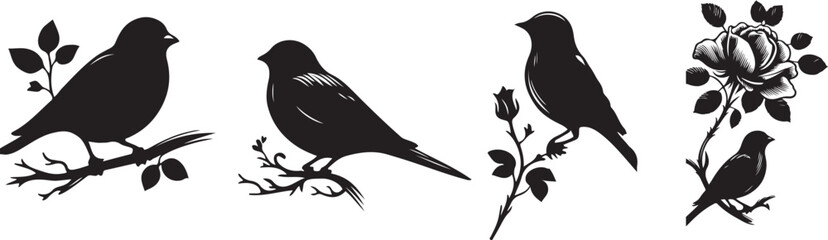 Collection of birds' black silhouette vector illustration and hand-drawn image.