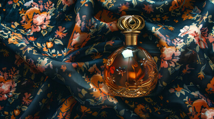 Fototapeta premium Ceramic perfume bottle mockup on a dark floral fabric background,
