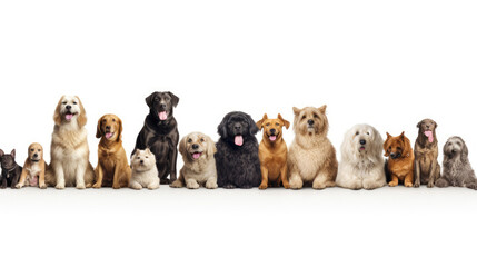 Animals pet dog banner panorama long - Collection set of the most popular favorites pets dogs, isolated on white background, Generative AI