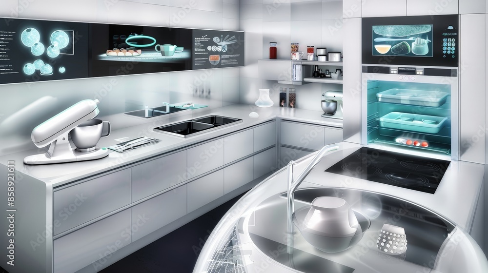 Poster imagine a high-tech kitchen with smart appliances that automatically prepare and cook meals based on