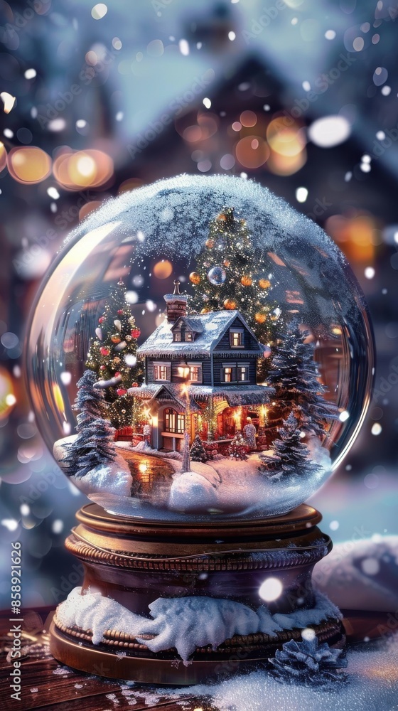 Poster a close-up image of a christmas snow globe with a snowy, illuminated house and a decorated christmas