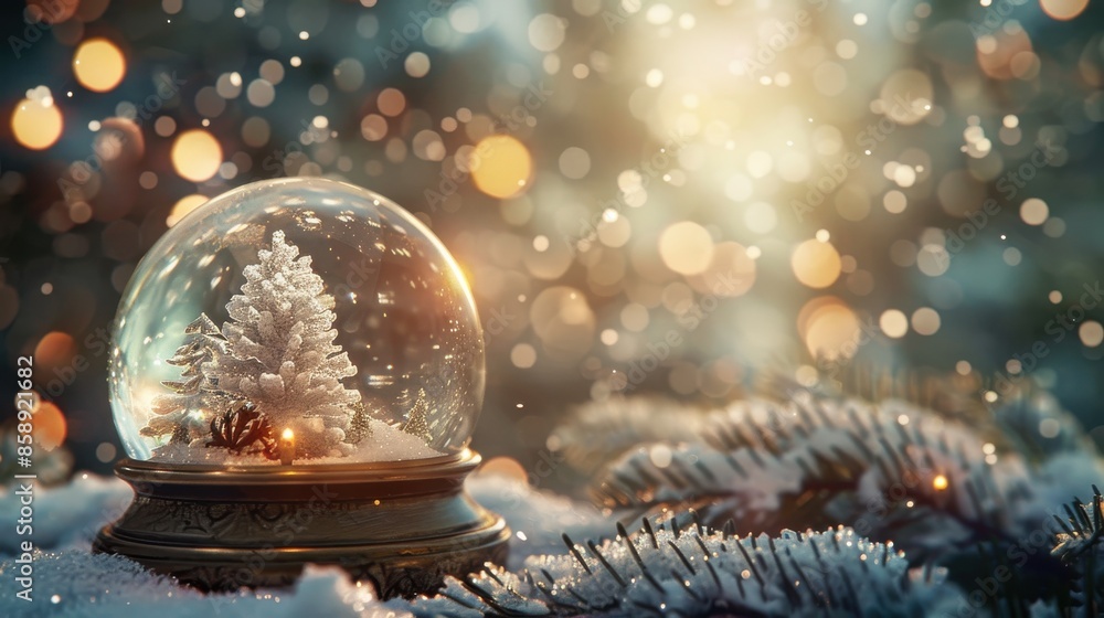 Aufkleber A close-up image of a small snow globe with a miniature Christmas tree inside, sitting on a bed of snowy pine branches. The background is filled with soft, out-of-focus bokeh lights, creating a warm a