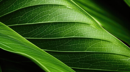Abstract closeup macro photography of green organic foliage texture leaves leaf background and design material, Generative AI
