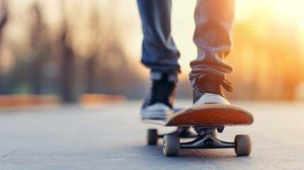 Closeup of skateboarder s feet on a board midkickflip, intricate textures, blurred pavement, modern style, high resolution