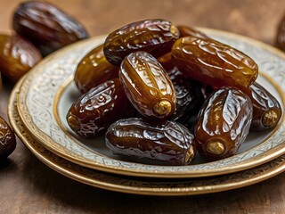 dates close up. date palm background. Date palm on a traditional craftsman market.Horizontal image.