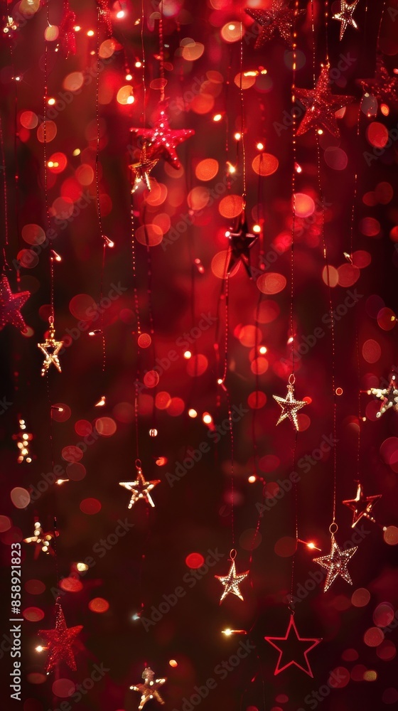 Poster this image shows a close-up view of a garland of red and gold star-shaped lights hanging in front of