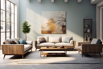 Fototapeta premium Interior of modern living room with white walls, wooden floor, comfortable sofa and coffee table.