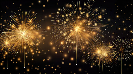 HAPPY NEW YEAR 2024 - Festive firework silvester New Year Eve Party background banner greeting card - Gold fireworks pyrotechnics in the dark black night with calendar date, Generative AI