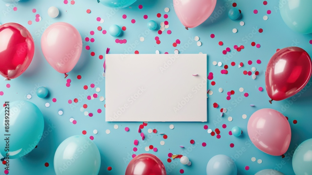 Poster a flat lay image showcasing a celebration scene with colorful balloons and confetti scattered on a b