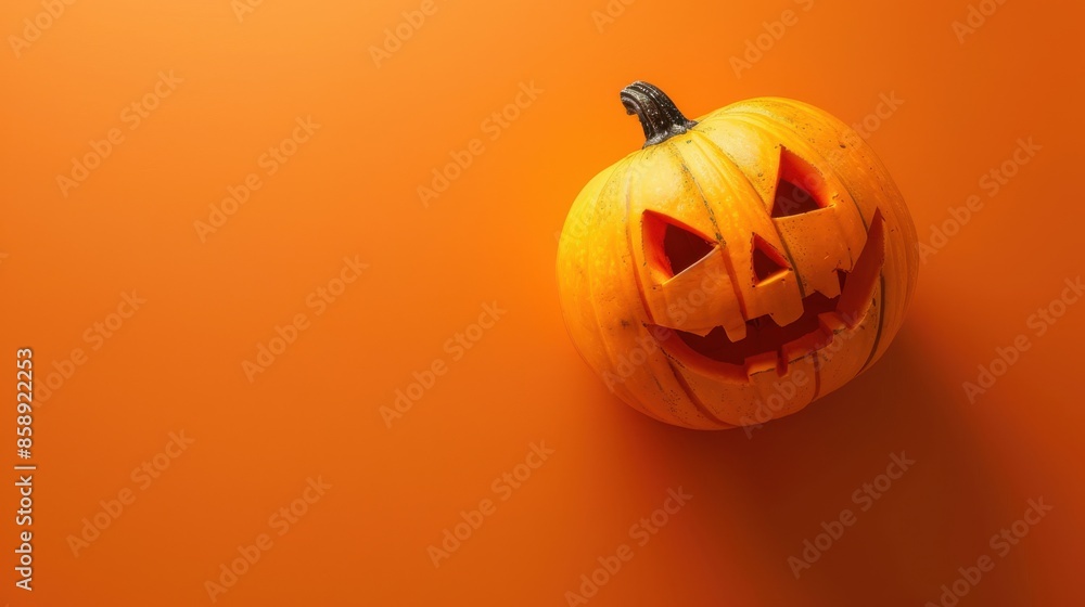 Poster this image features a carved pumpkin with a jack o lantern face on an orange background. the pumpkin