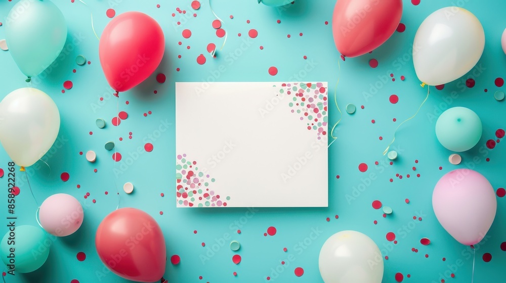 Poster a flat lay image featuring a blank card surrounded by colorful balloons, confetti, and streamers on 