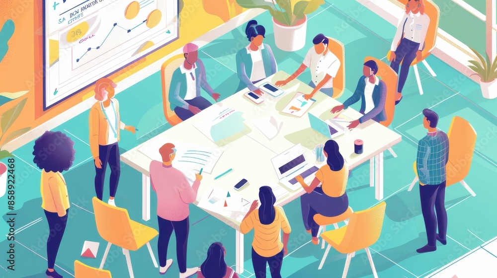 Poster this image shows a diverse group of people working together around a large table in a modern office.