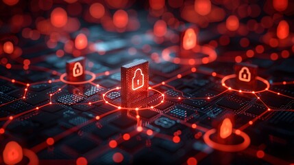 Cybersecurity Fortress: A Glowing Red Lock on a Futuristic Circuit Board