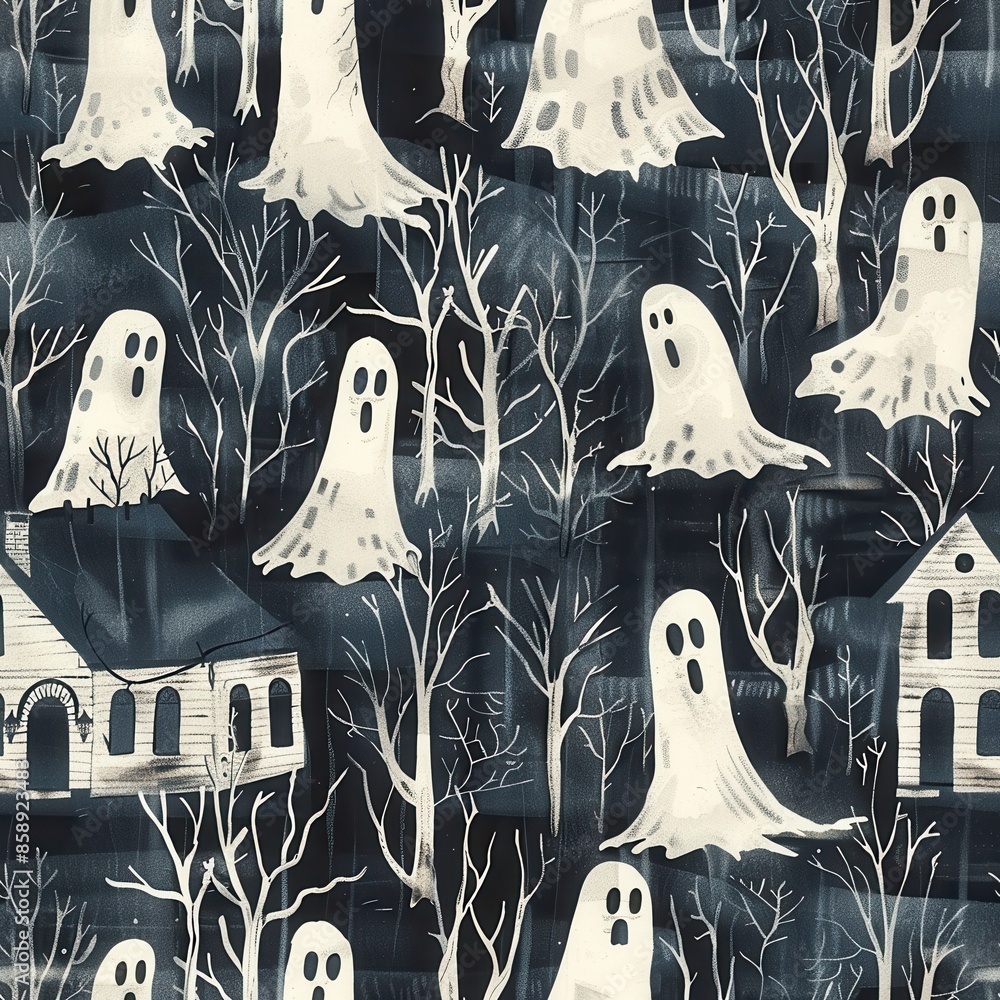 Aufkleber This illustration features a repeating pattern of spooky white ghosts floating among bare, skeletal trees in a dark, shadowy forest. Two small, abandoned houses sit in the foreground, adding to the ee