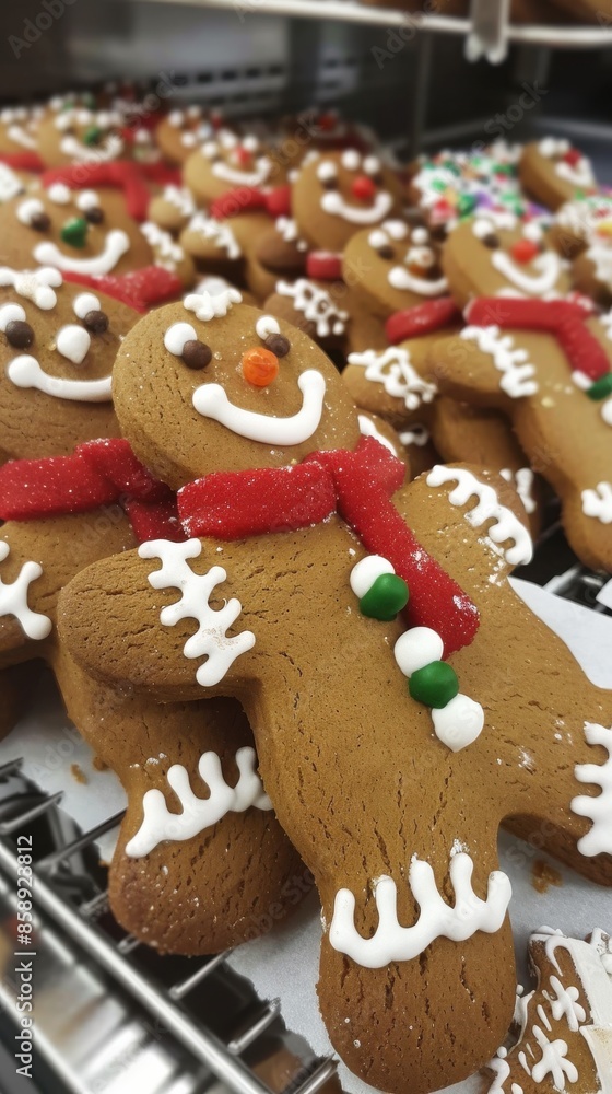 Aufkleber a close-up shot of decorated gingerbread men cookies displayed on a wire rack in a bakery. the cooki