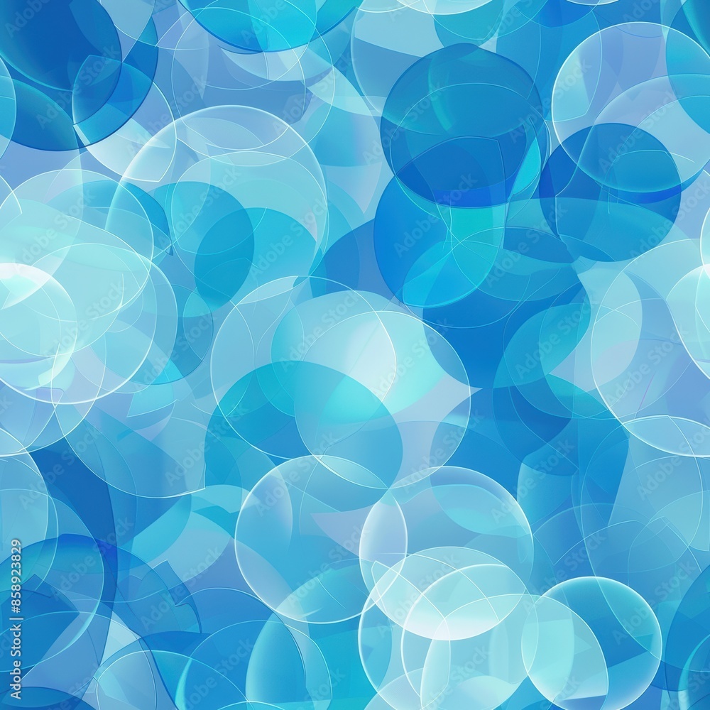 Poster This image is a digital illustration of an abstract pattern featuring blue and white circles of varying sizes and transparency, creating a layered and dynamic effect. The circles overlap and intersect