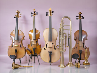 Naklejka premium Musical instruments such as violins and other strings are on display