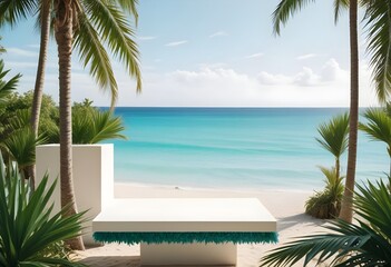 Empty podium for product presentation with palm leaf on seascape. Generative AI