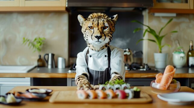 Cheetah chef prepares sushi in kitchen. A cheetah chef in a chef's uniform stands behind a kitchen counter with a plate of sushi rolls, blending humor and culinary themes.