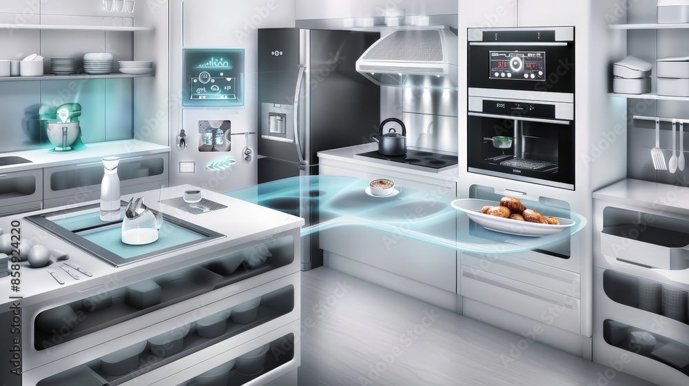 Poster imagine a high-tech kitchen with smart appliances that automatically prepare and cook meals based on