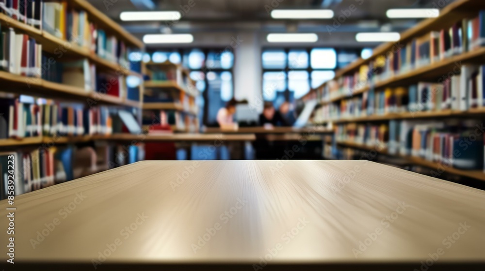 Poster empty table in library with blurred bookshelves. wooden table top with blurred library or bookstore 