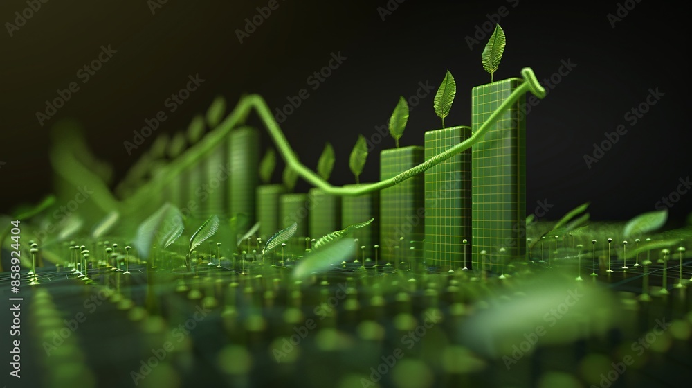 Poster financial data visual with green leaves integrated into the graph lines to represent eco-friendly in