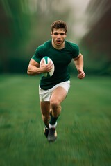 Obraz premium Rugby sevens player sprinting down the field, dramatic motion blur, vibrant green pitch, intense expression, high detail