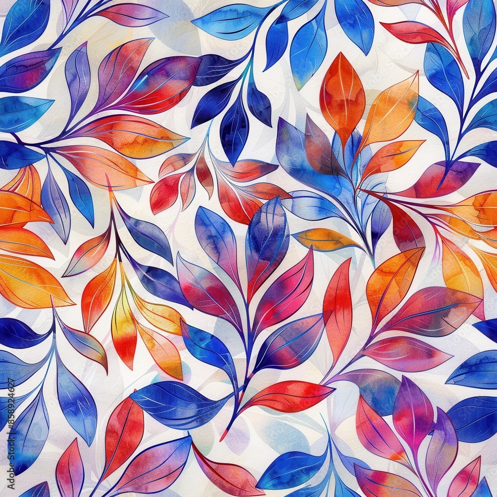 Poster This image features a watercolor painting of colorful leaves on a white background. The leaves are arranged in a pattern, with some overlapping each other. The colors are vibrant and bright, creating 