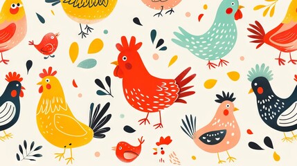 A seamless pattern with chickens and other animals.
