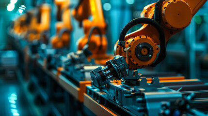 Fototapeta premium Robotic arms polishing metal components in a metal finishing plant