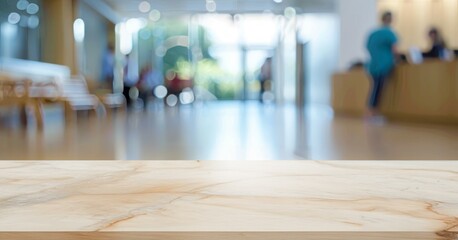 Empty marble counter with blurred hospital background. Polished marble tabletop for product display with blurred hospital waiting area and reception desk background