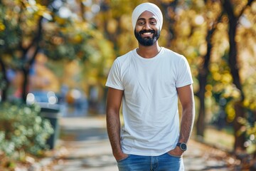 Obraz premium Smiling Young Sikh Man in White T-shirt Standing in a Park, Mockup, Copy Space