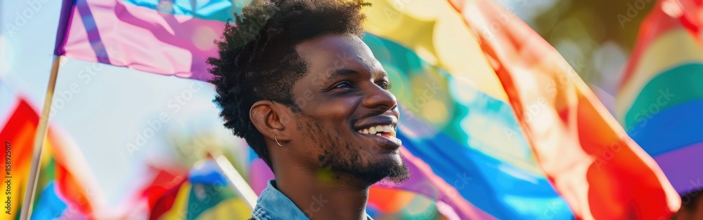 Poster a man with a big smile is holding a rainbow flag. concept of joy and celebration, as the man is surr